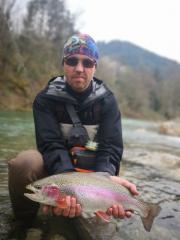 Rainbow trout and Oleg, April fly fishing Slovenia 2019 nice rainbow